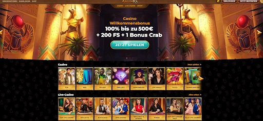 Willkommensbonus des AmunRa Casino - 100% bis zu 500€ + 200 FS + 1 Bonus Crab